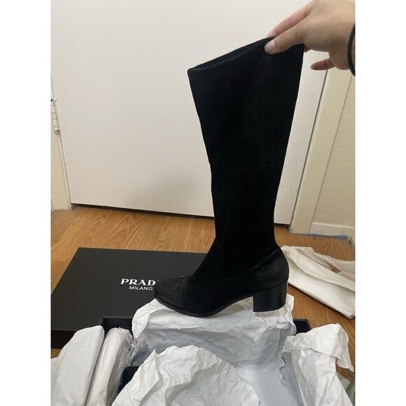 PRADA black suede leather western mid calf heeled boot size 35.5 US 5.5 - Picture 12 of 16